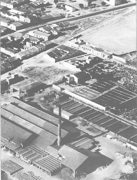 En primer término, la Cerámica Milla. En la parte superior, el Campo de Fútbol de La Creu y la confluencia de Camino Viejo de Elda (1960, "500 fotos para el recuerdo").