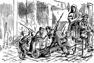 Antiga estampa amb els xiquets fent cagar el tió.