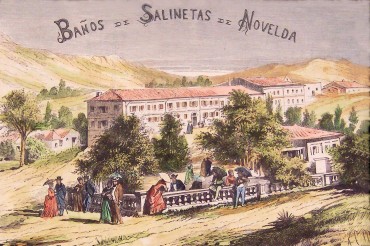 Grabado de 1875-76 con la vista del balneario, coloreado en el siglo XX (fotografía cedida por Pau Herrero).