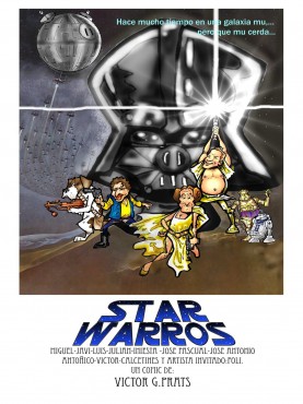 Estilo caricaturesco para parodiar la archiconocida imagen de Star Wars en el cartel promocional de la primera película.